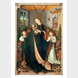 Pocztówka – Malarz śląski z pracowni Mistrza Wrocławskiego Poliptyku św. Barbary, Matka Boska z Dzieciątkiem w komnacie