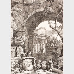 Pocztówka – Marco Ricci, Ruiny antycznych budynków z posągiem konnym i wazą w pejzażu ze sceną figuralną