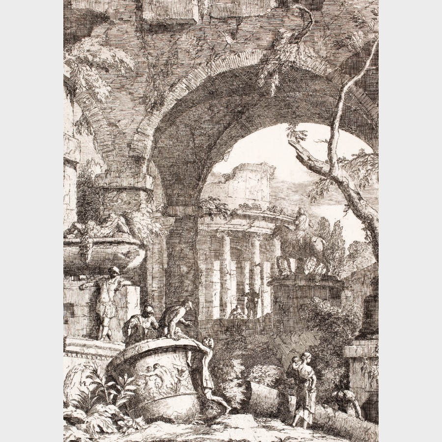 Pocztówka – Marco Ricci, Ruiny antycznych budynków z posągiem konnym i wazą w pejzażu ze sceną figuralną