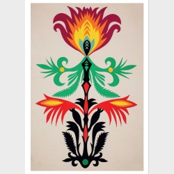 Pocztówka – Wycinanka łowicka, papier kolorowy naklejany warstwowo na biały karton, wyk. Artur Sidor, Wrocław