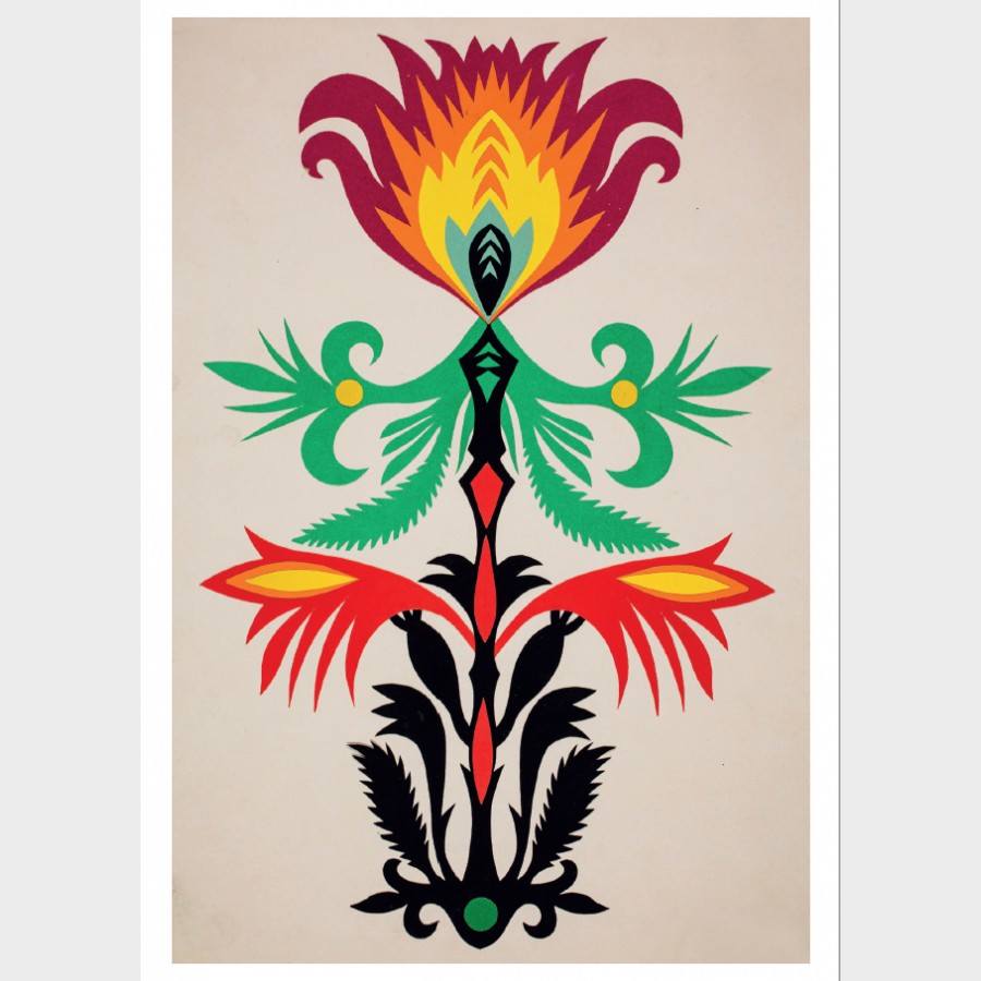 Pocztówka – Wycinanka łowicka, papier kolorowy naklejany warstwowo na biały karton, wyk. Artur Sidor, Wrocław